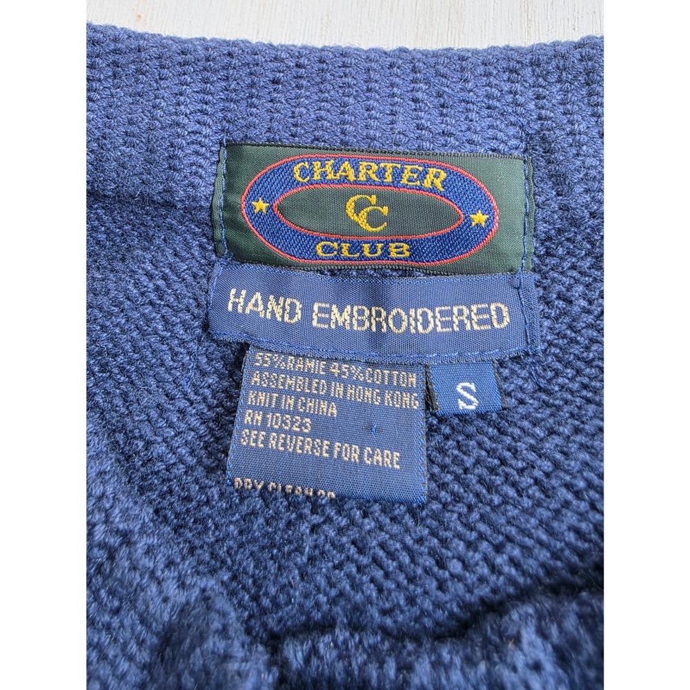Charter Club Vintage Navy Blue Hand Embroidered Cardigan Sweater Gold Buttons S - Picture 2 of 6